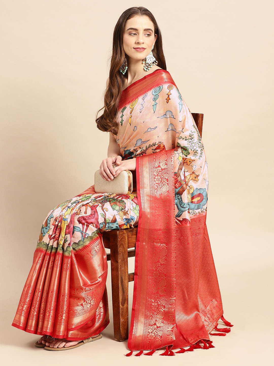 

VASTRANAND Kalamkari Zari Silk Blend Banarasi Saree, Pink