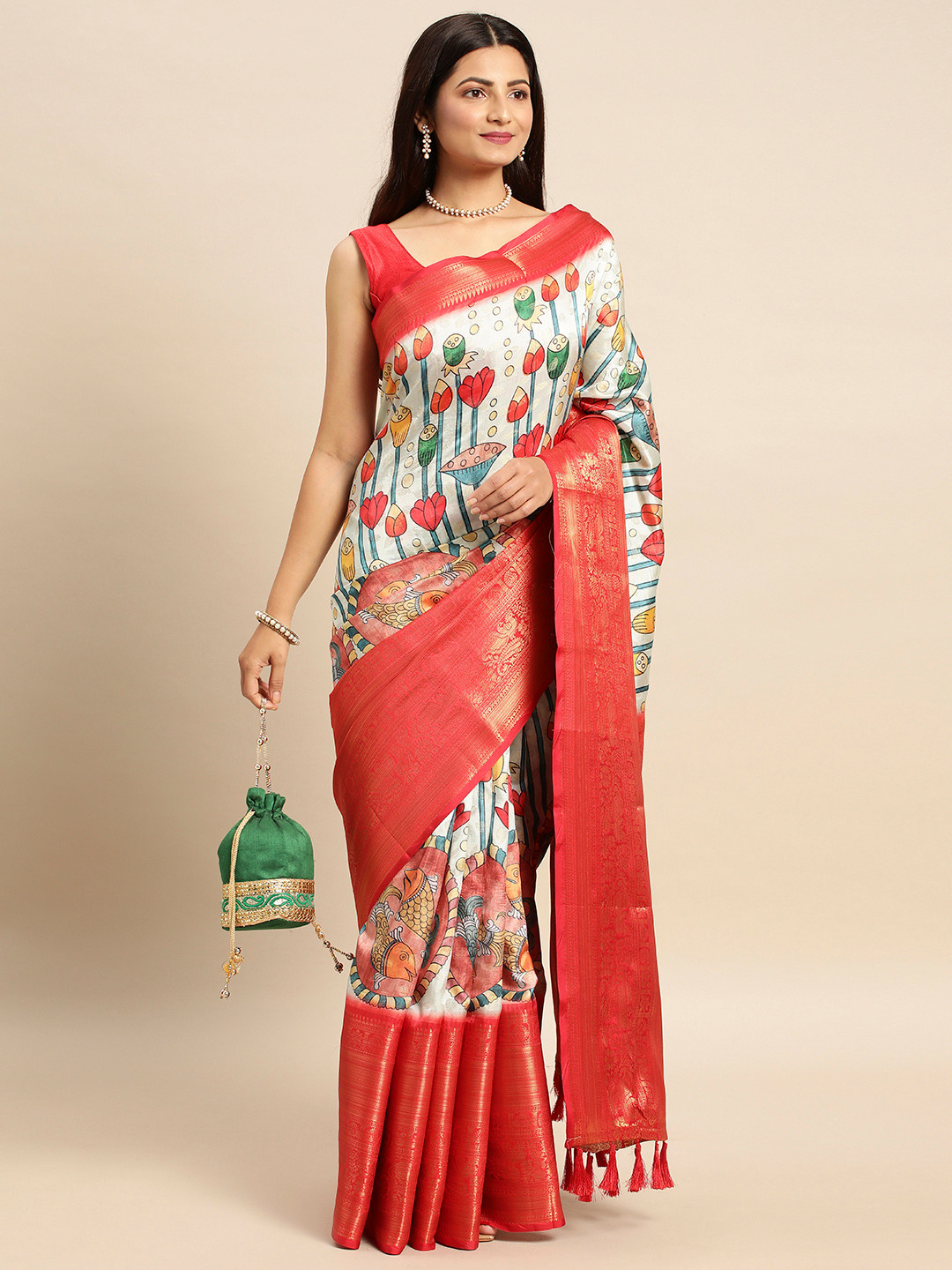 

VASTRANAND Kalamkari Zari Silk Blend Banarasi Saree, White