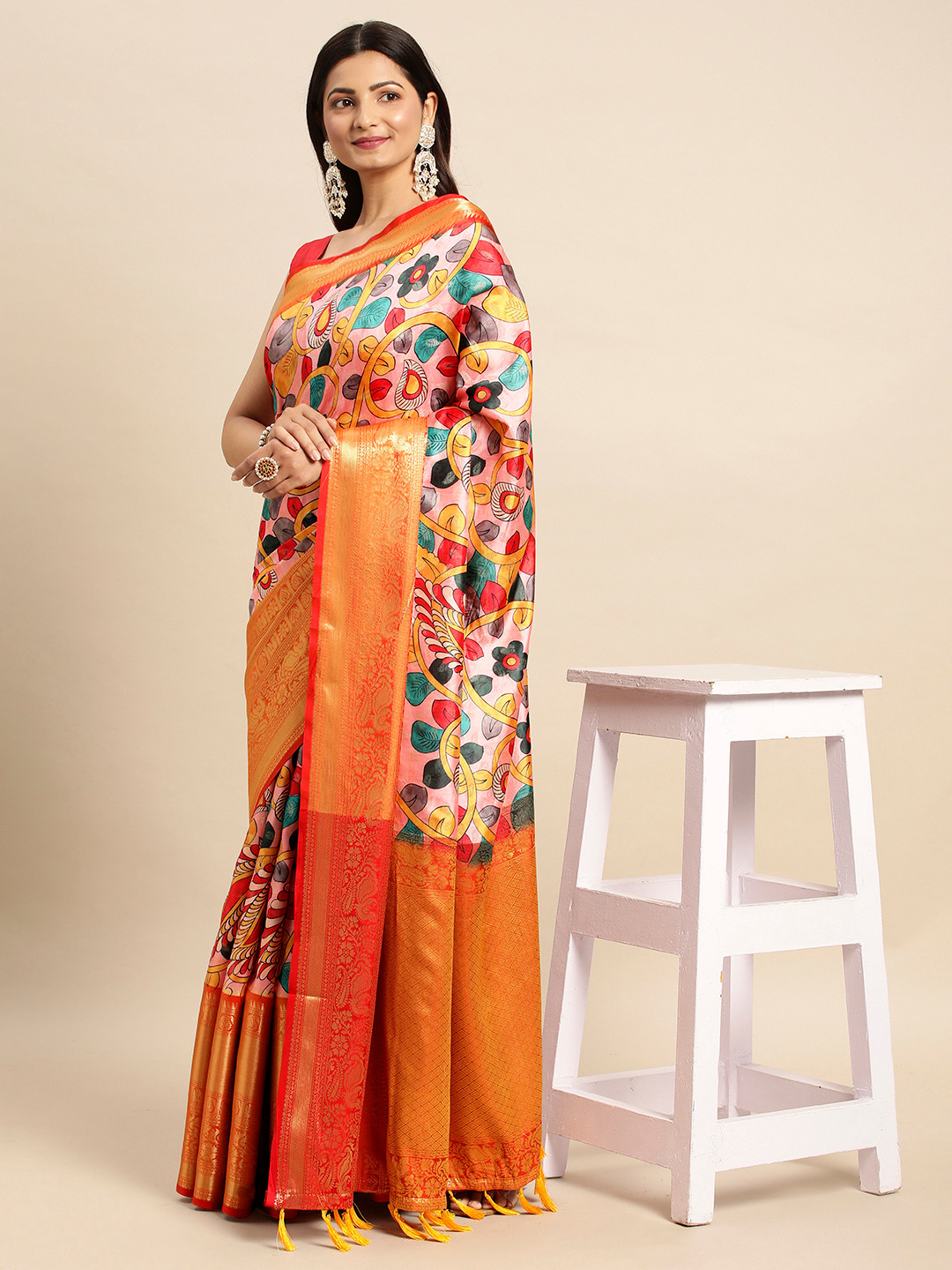 

VASTRANAND Kalamkari Zari Silk Blend Banarasi Saree, Pink