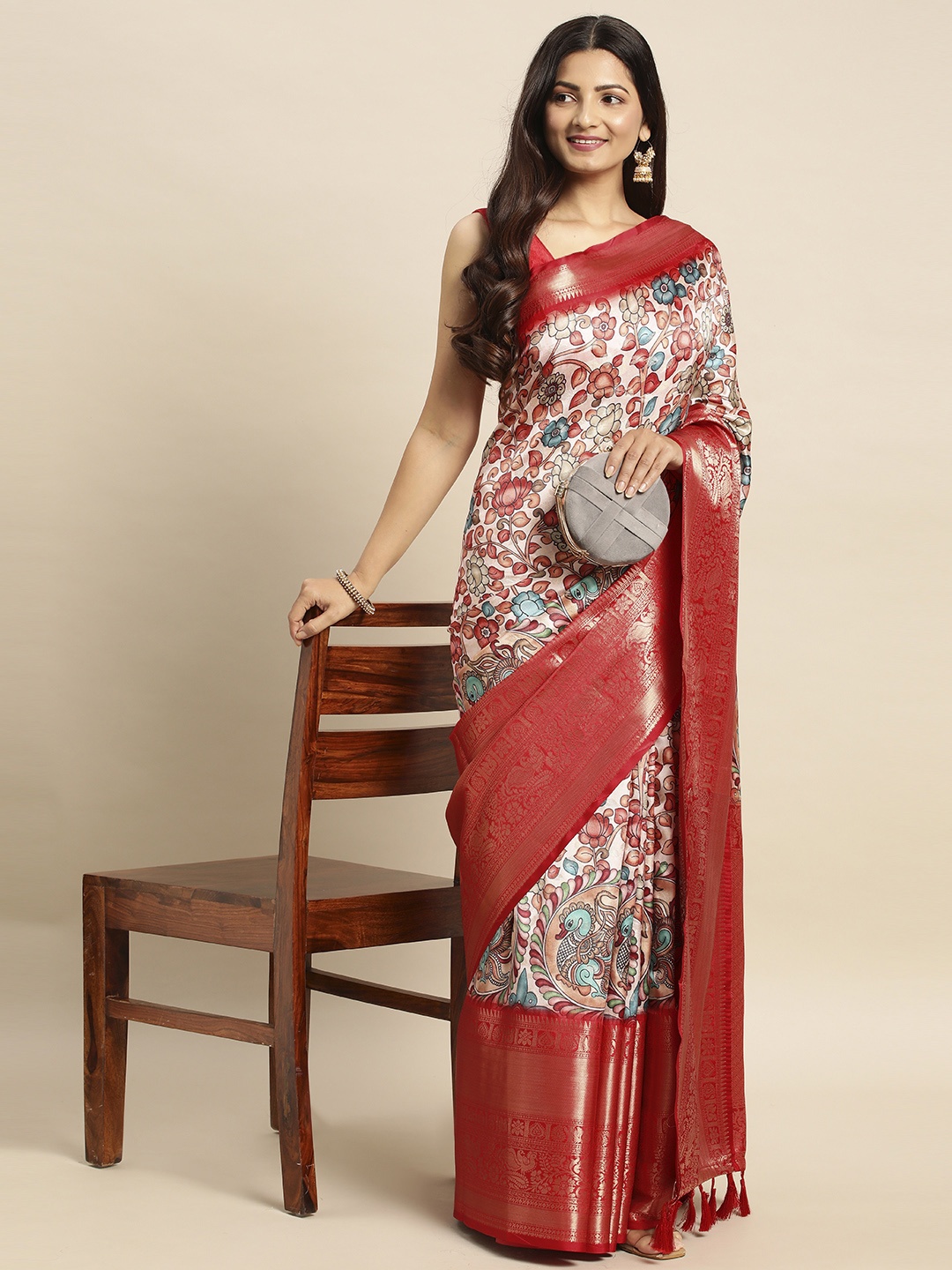 

VASTRANAND Kalamkari Zari Silk Blend Banarasi Saree, Red