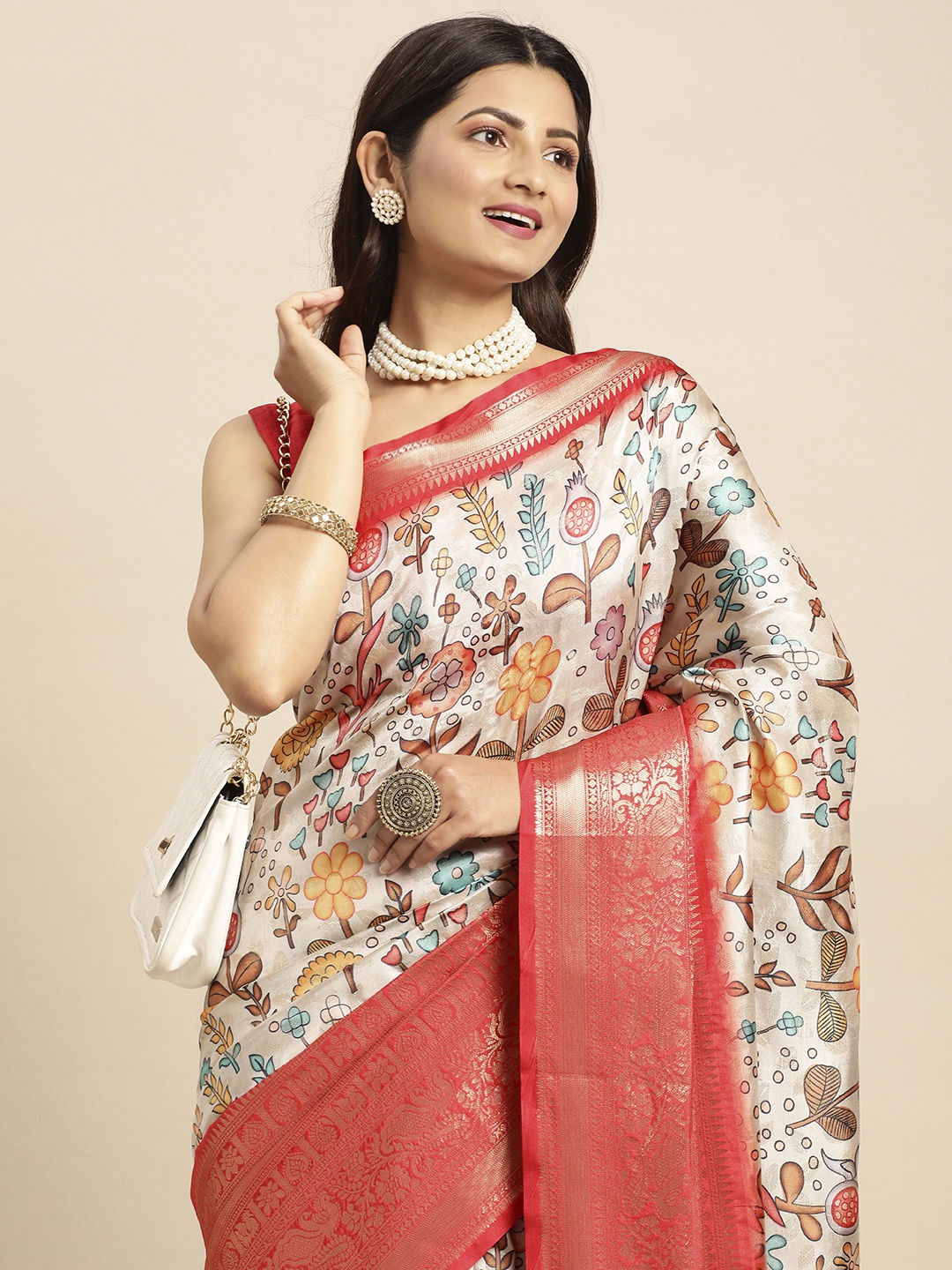 

VASTRANAND Kalamkari Block Print Zari Silk Blend Banarasi Saree, Off white