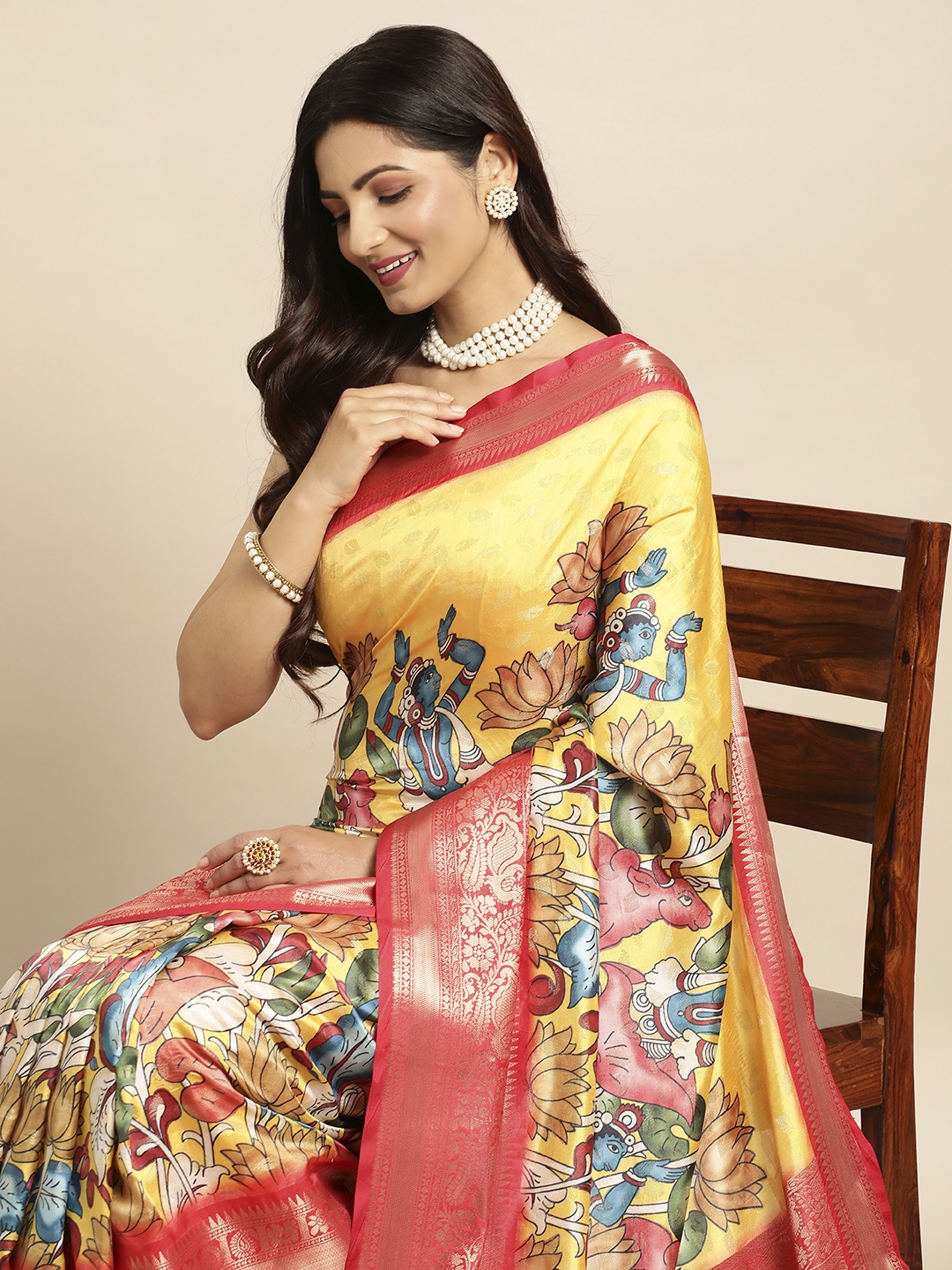 

VASTRANAND Kalamkari Block Print Zari Silk Blend Banarasi Saree, Yellow