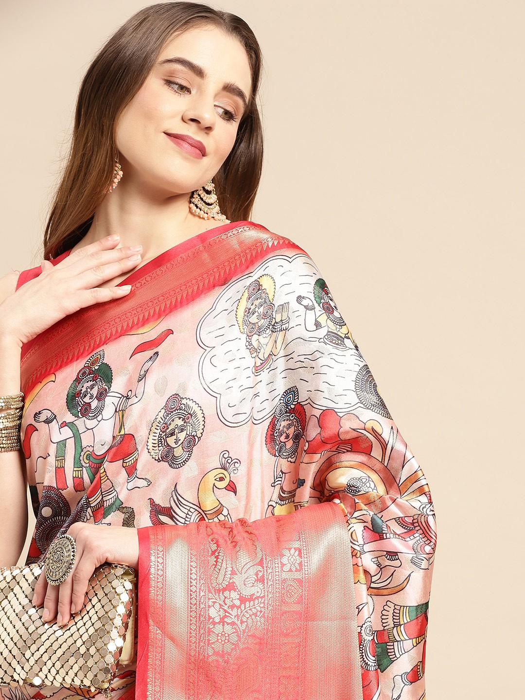 

VASTRANAND Kalamkari Block Print Zari Silk Blend Banarasi Saree, Pink