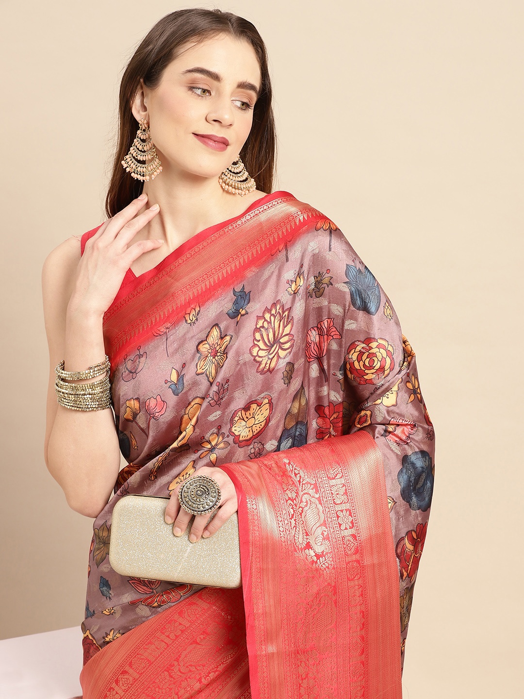 

VASTRANAND Kalamkari Block Print Zari Silk Blend Banarasi Saree, Mauve