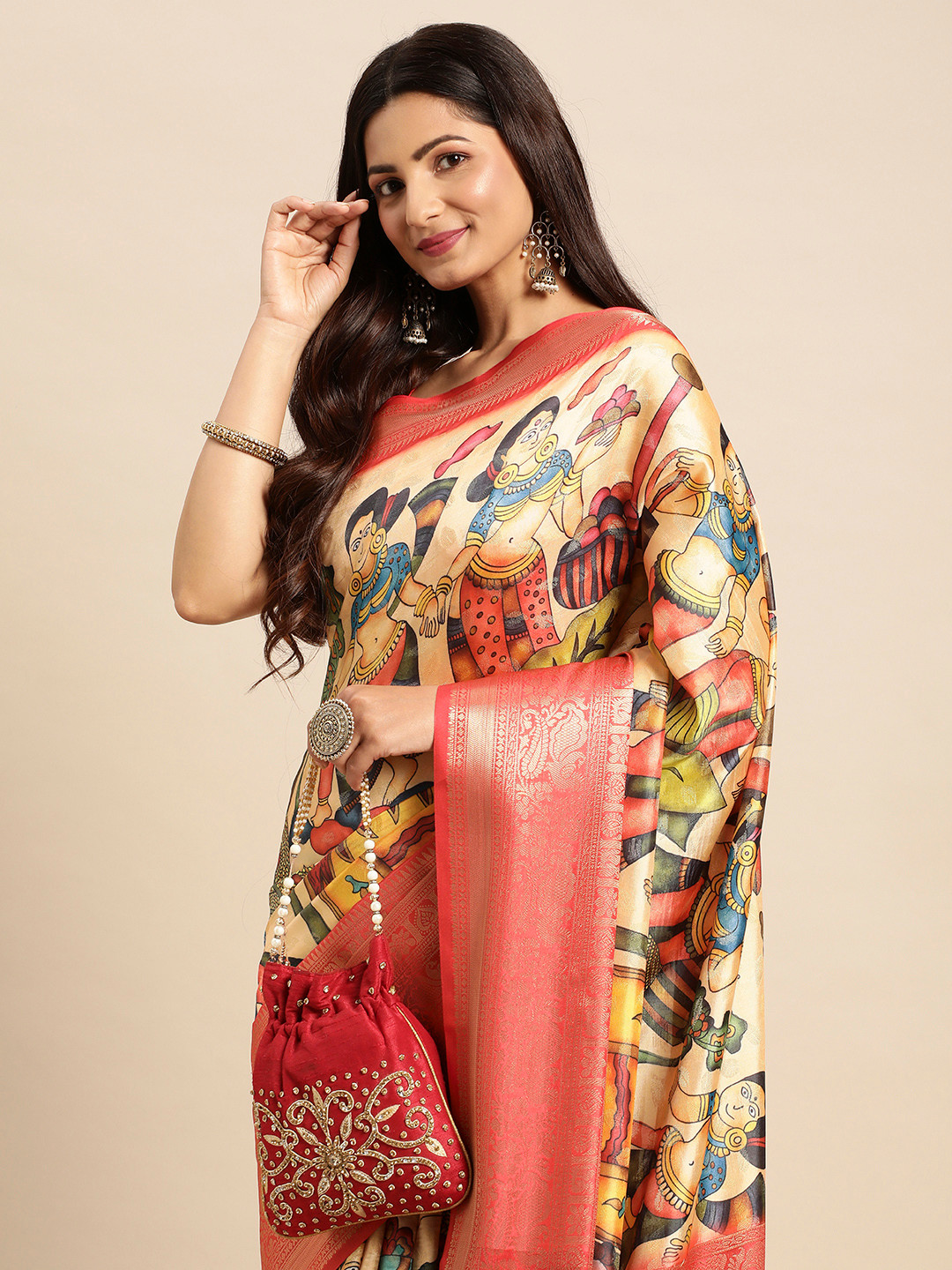 

VASTRANAND Kalamkari Block Print Zari Silk Blend Banarasi Saree, Peach