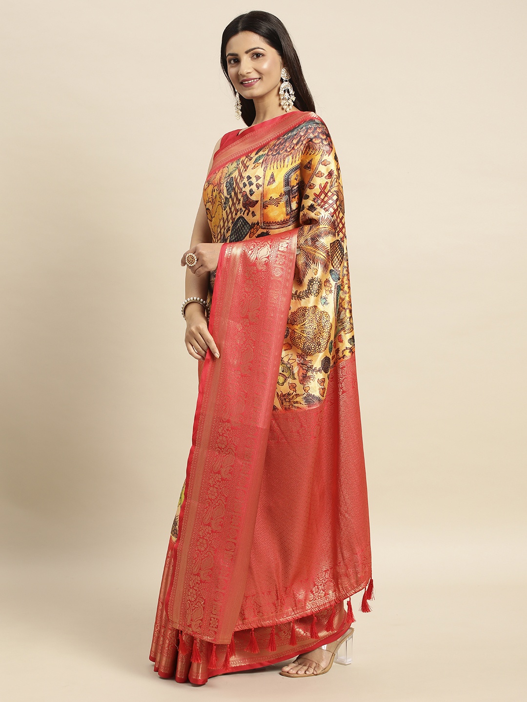 

VASTRANAND Kalamkari Zari Silk Blend Banarasi Saree, Mustard