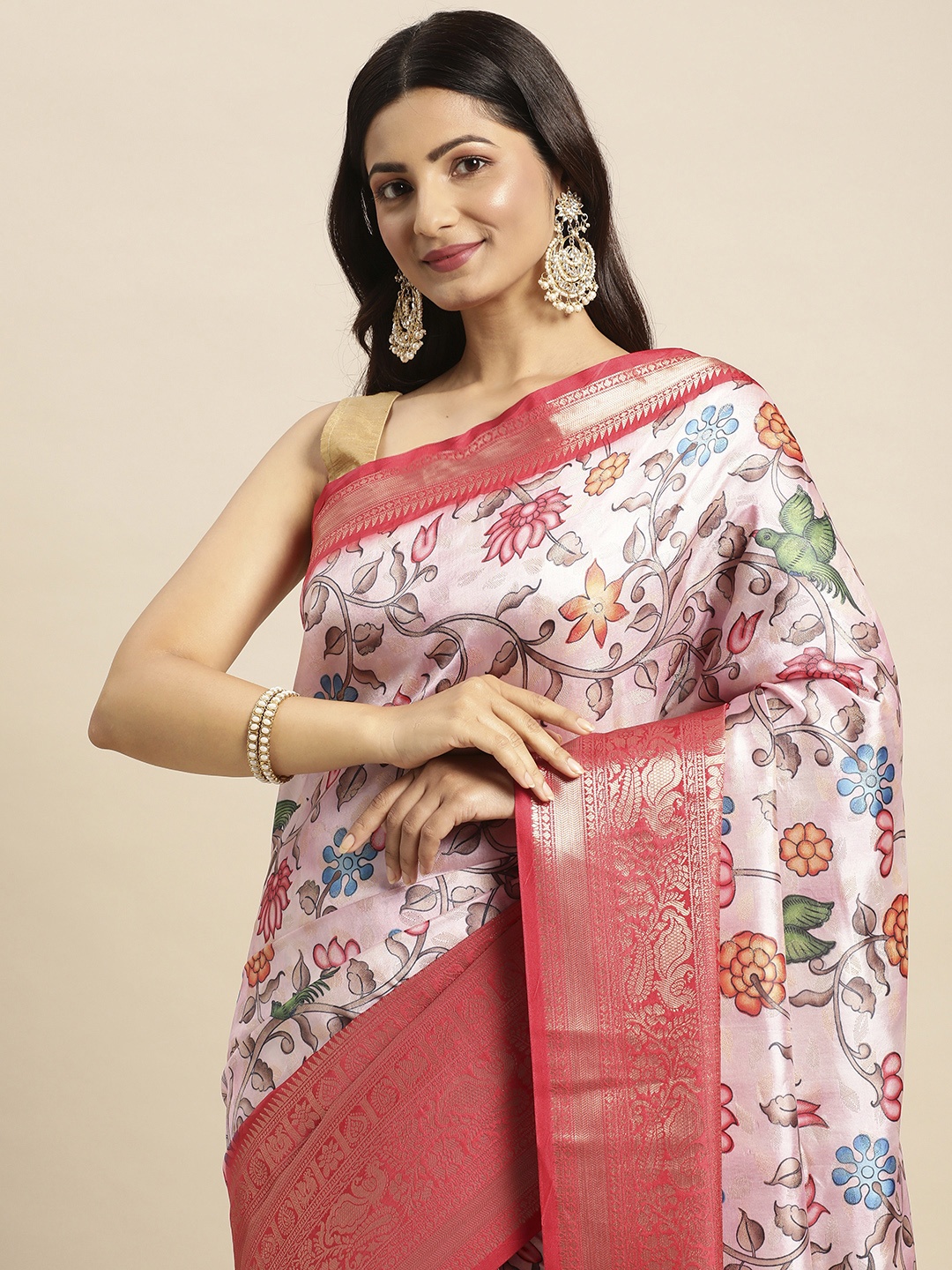 

VASTRANAND Kalamkari Block Print Zari Silk Blend Banarasi Saree, Pink