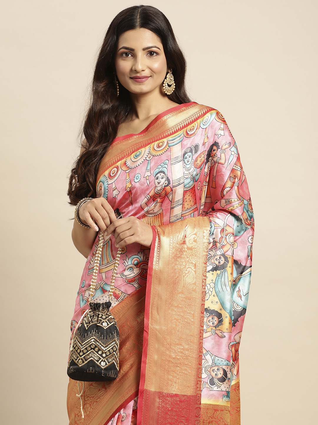 

VASTRANAND Kalamkari Block Print Zari Silk Blend Banarasi Saree, Pink