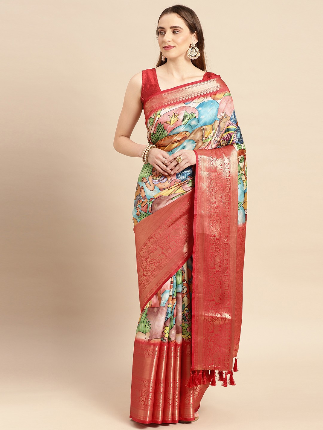 

VASTRANAND Kalamkari Zari Silk Blend Banarasi Saree, Red