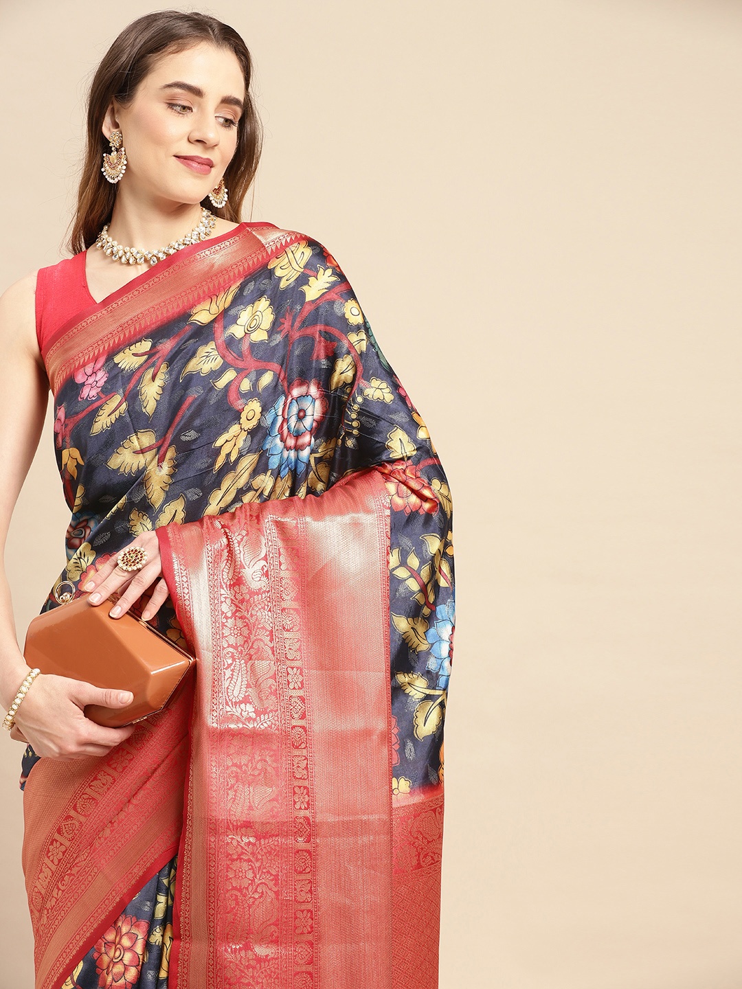 

VASTRANAND Kalamkari Block Print Zari Silk Blend Banarasi Saree, Navy blue