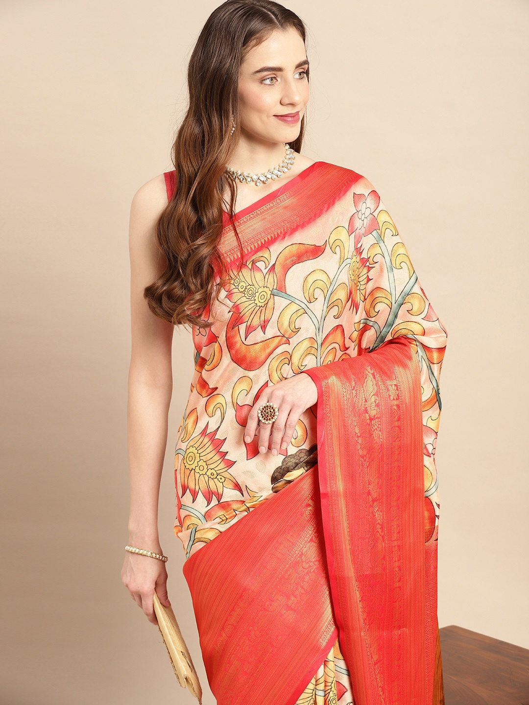 

VASTRANAND Kalamkari Block Print Zari Silk Blend Banarasi Saree, Pink