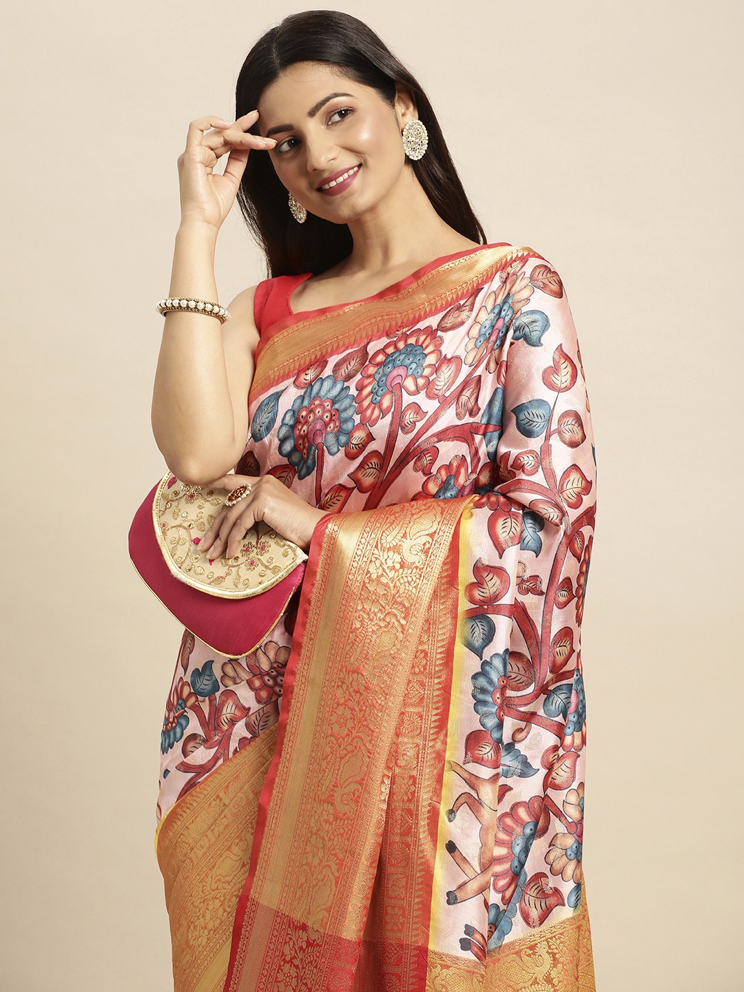 

VASTRANAND Kalamkari Block Print Zari Silk Blend Banarasi Saree, Pink