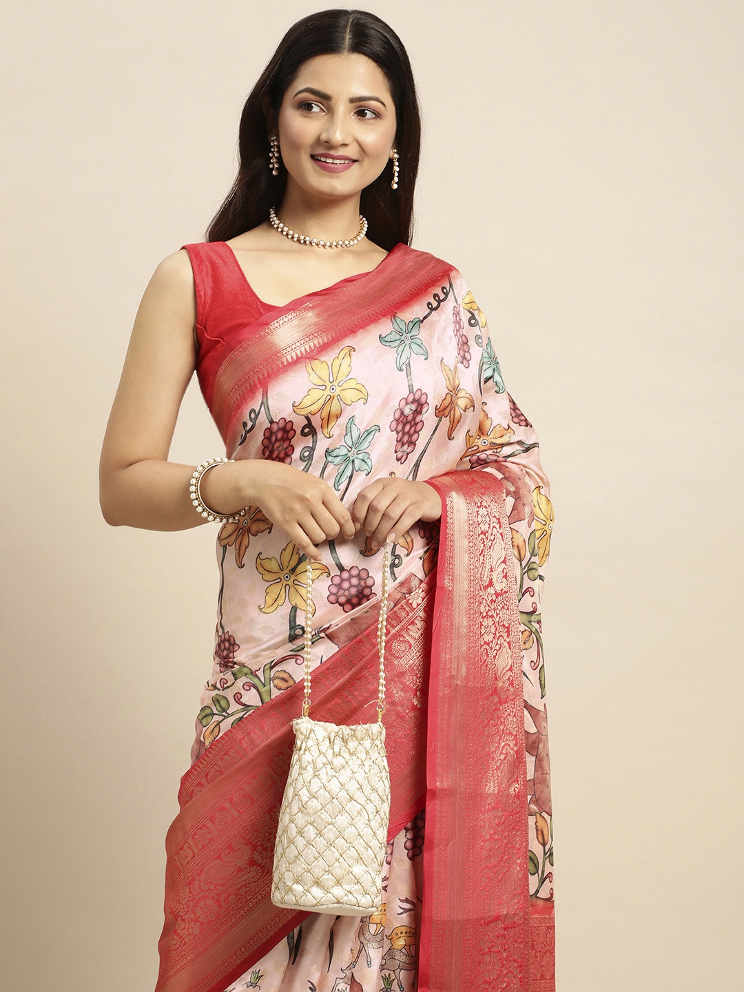 

VASTRANAND Kalamkari Block Print Zari Silk Blend Banarasi Saree, Pink