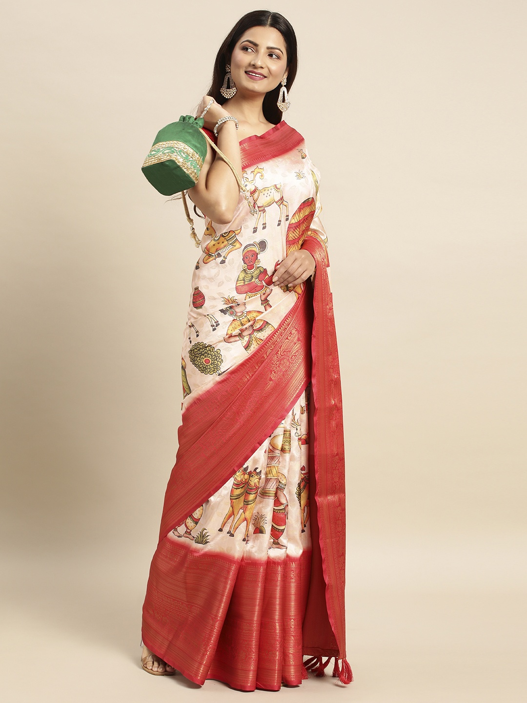 

VASTRANAND Kalamkari Zari Silk Blend Banarasi Saree, Off white