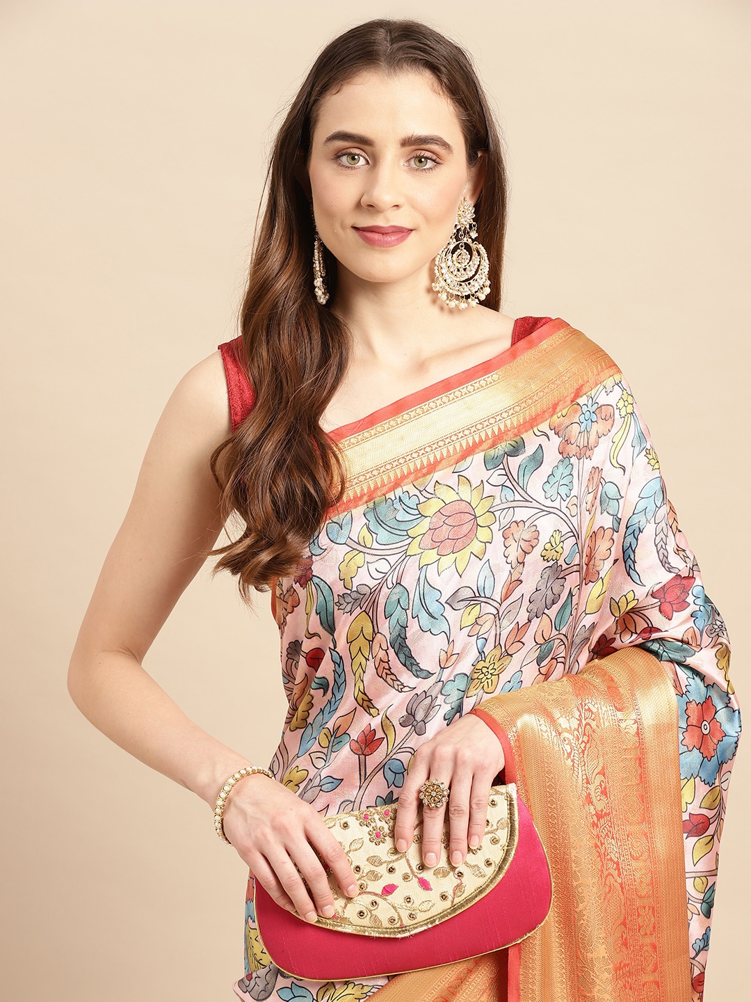 

VASTRANAND Kalamkari Block Print Zari Silk Blend Banarasi Saree, Pink