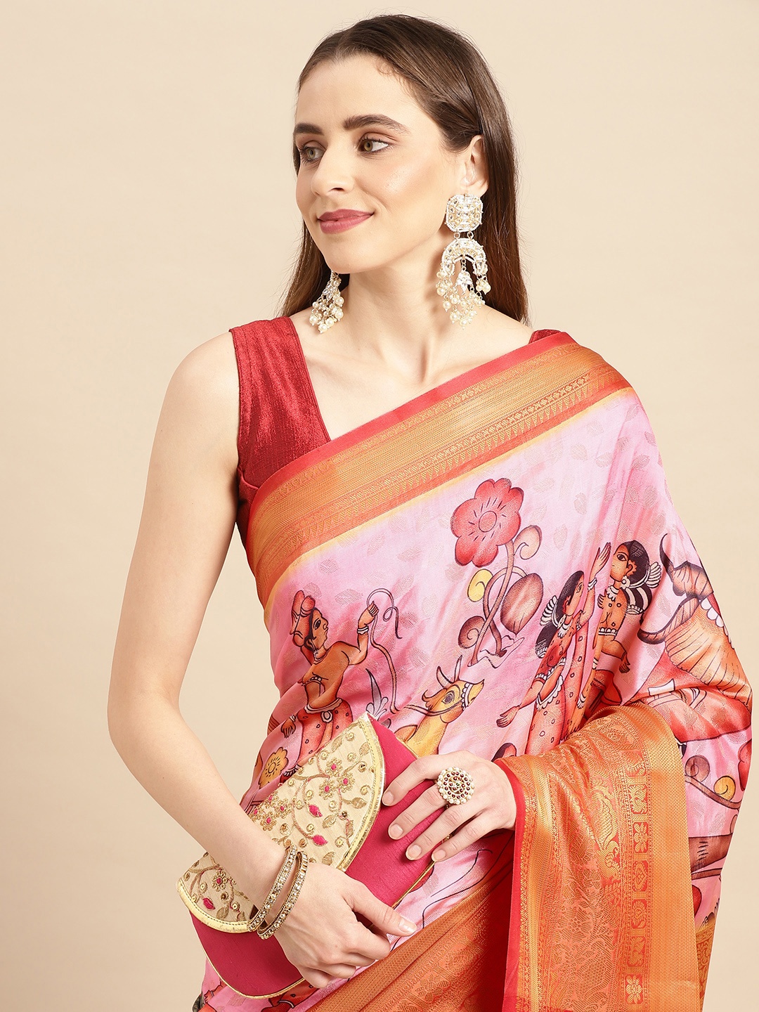 

VASTRANAND Kalamkari Block Print Zari Silk Blend Banarasi Saree, Pink