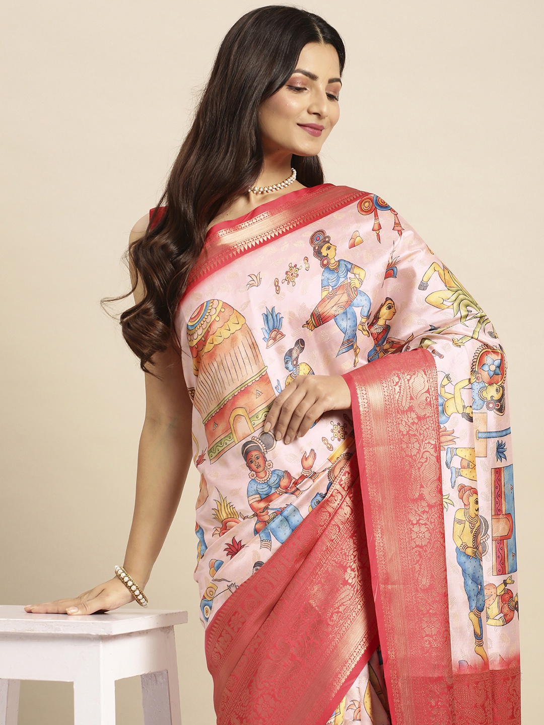 

VASTRANAND Kalamkari Block Print Zari Silk Blend Banarasi Saree, Pink