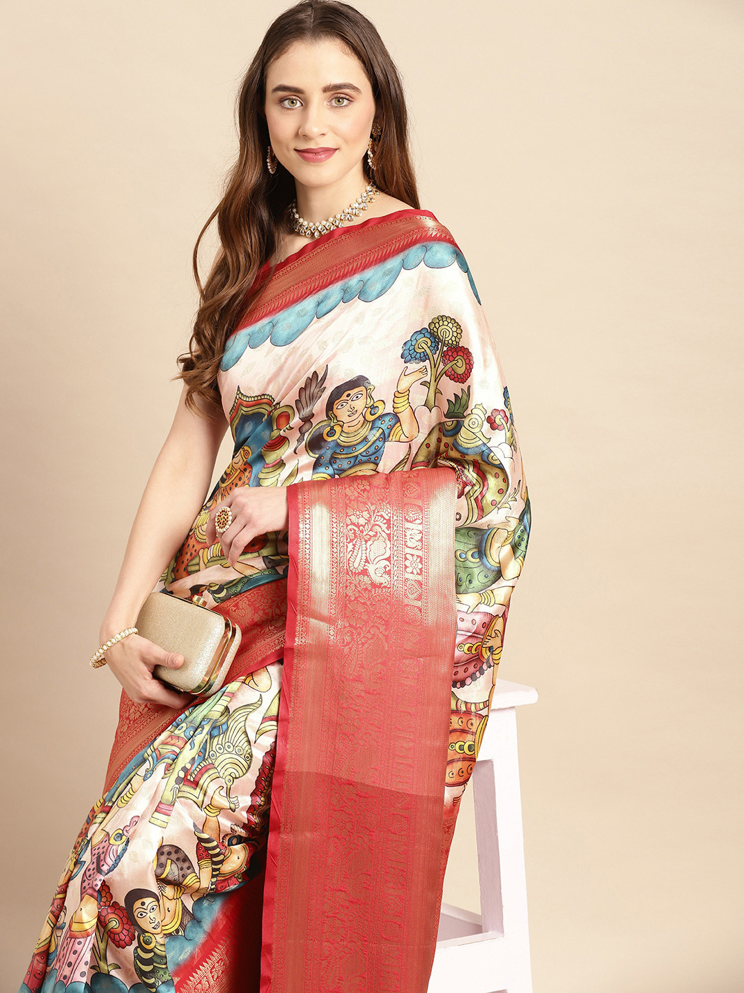 

VASTRANAND Kalamkari Block Print Zari Silk Blend Banarasi Saree, Pink