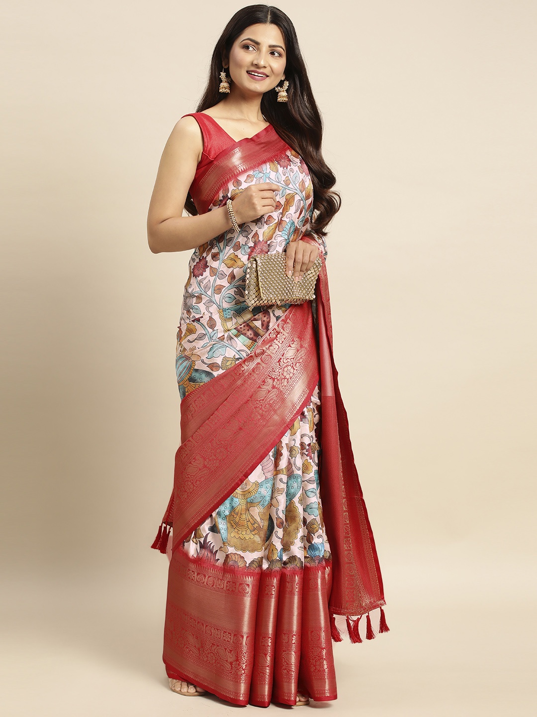 

VASTRANAND Kalamkari Zari Silk Blend Banarasi Saree, Red