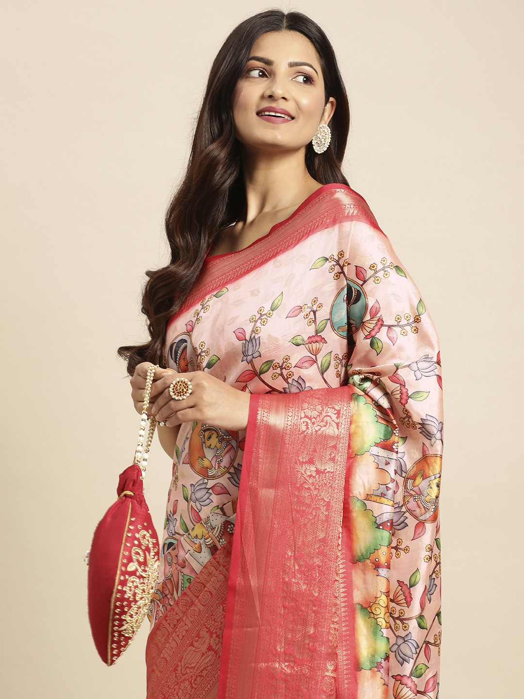

VASTRANAND Kalamkari Block Print Zari Silk Blend Banarasi Saree, Pink