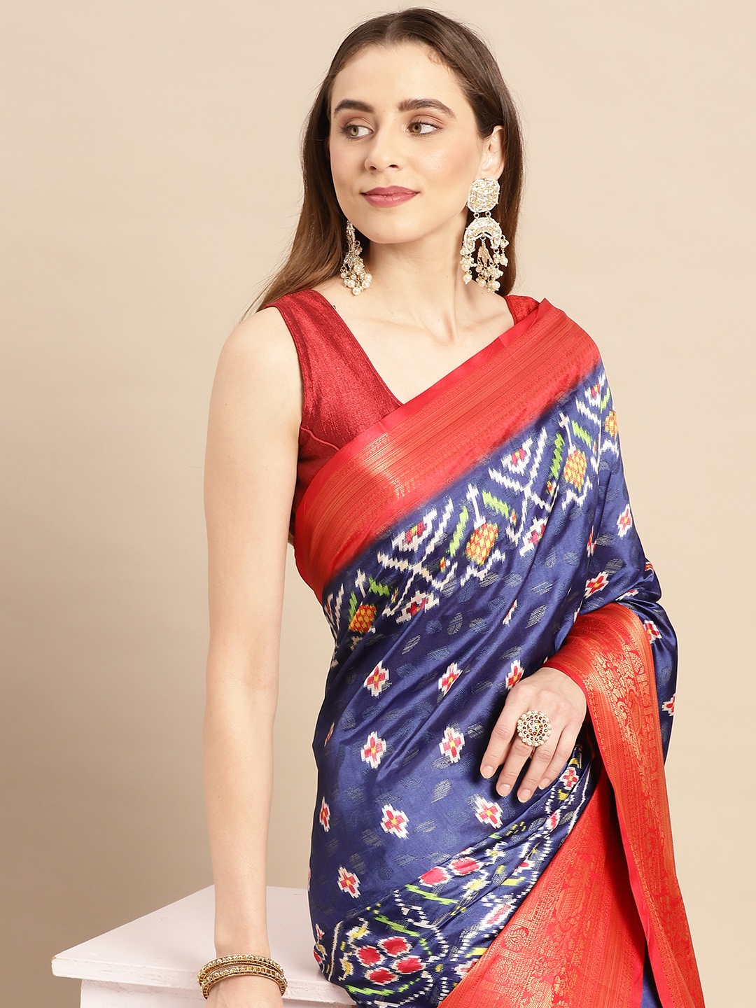 

VASTRANAND Kalamkari Block Print Zari Silk Blend Banarasi Saree, Blue