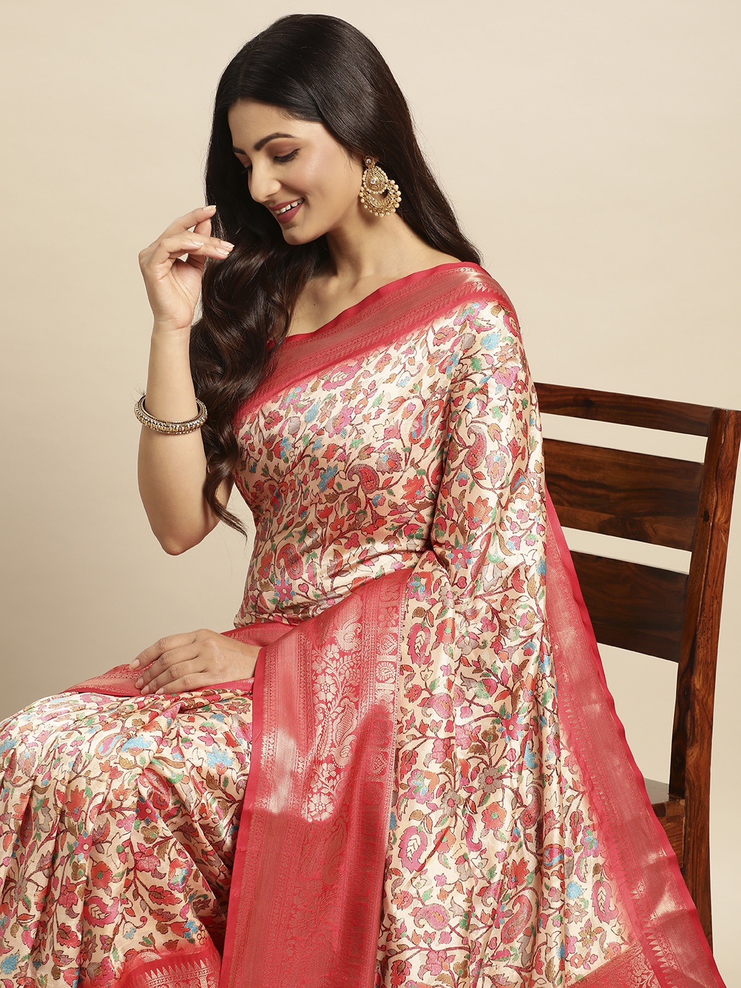 

VASTRANAND Kalamkari Block Print Zari Silk Blend Banarasi Saree, Cream