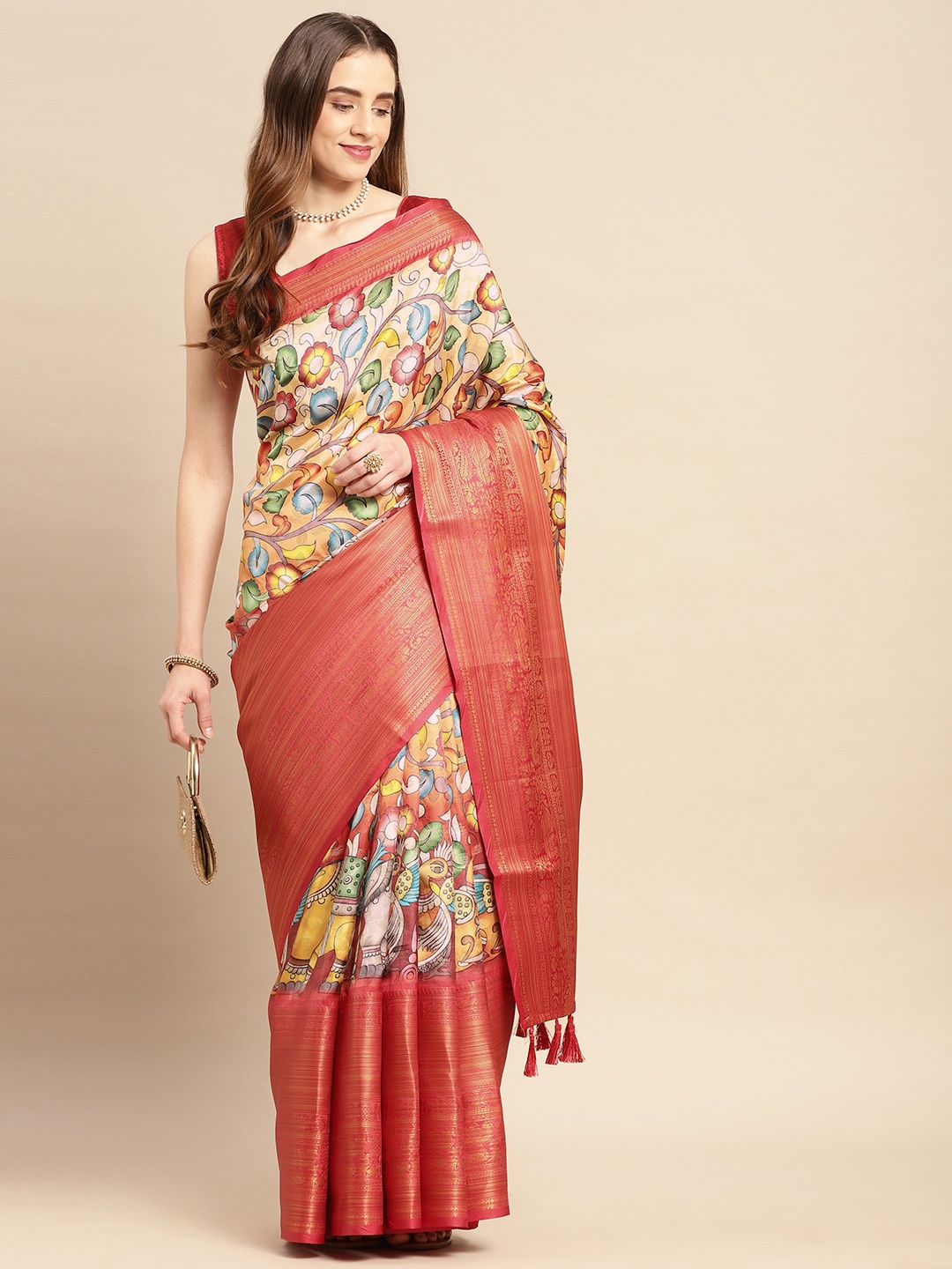 

VASTRANAND Kalamkari Zari Silk Blend Banarasi Saree, Red