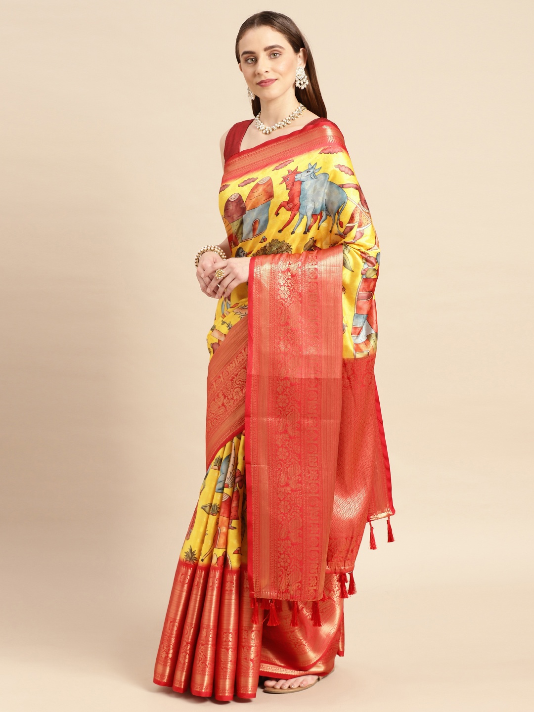 

VASTRANAND Kalamkari Zari Silk Blend Banarasi Saree, Mustard