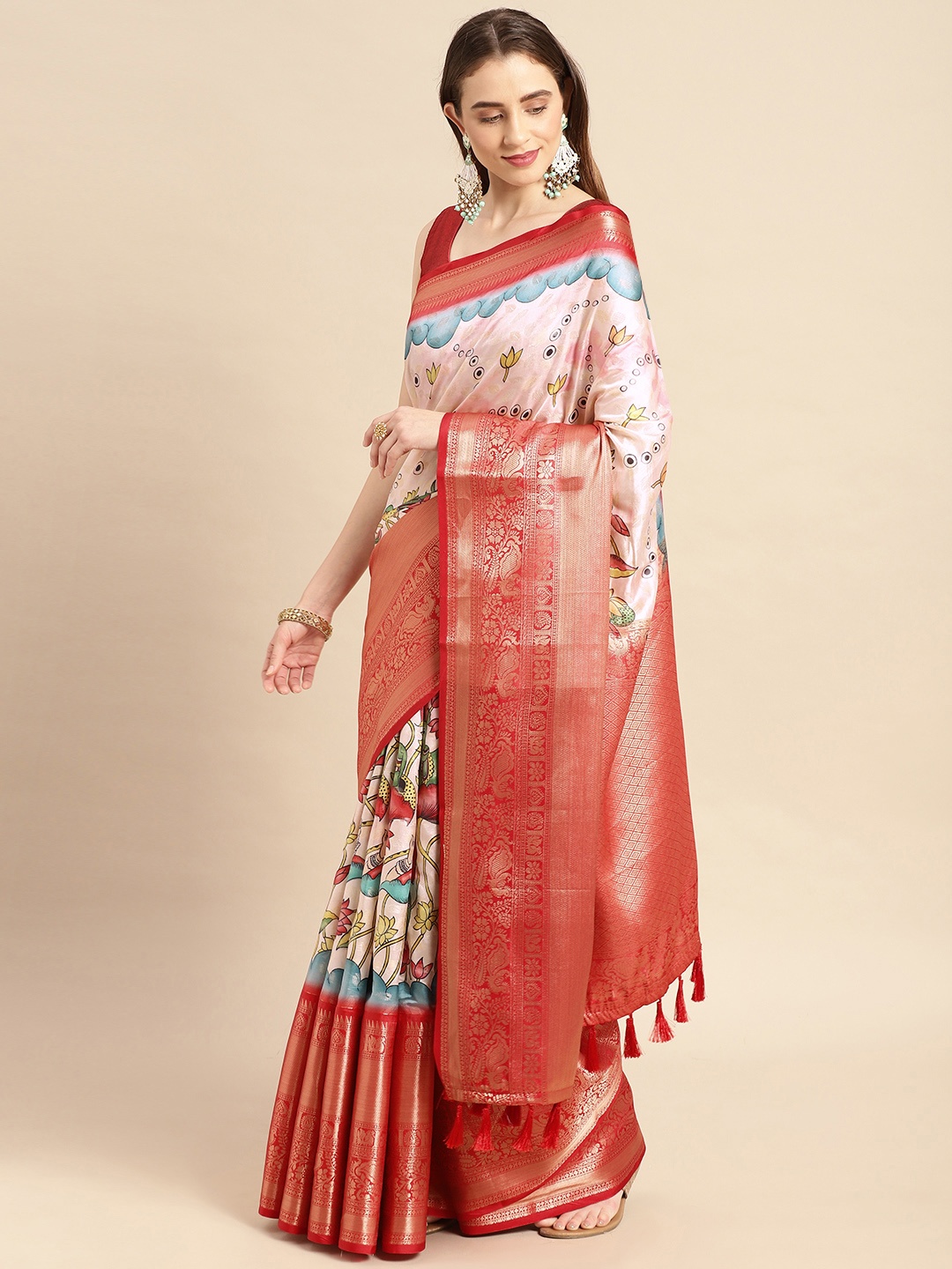 

VASTRANAND Kalamkari Zari Silk Blend Banarasi Saree, Pink