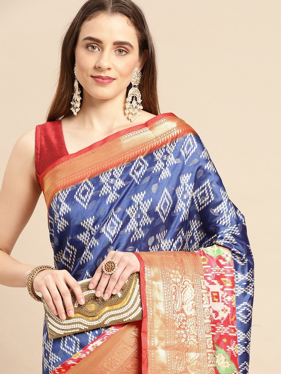 

VASTRANAND Kalamkari Block Print Zari Silk Blend Banarasi Saree, Blue