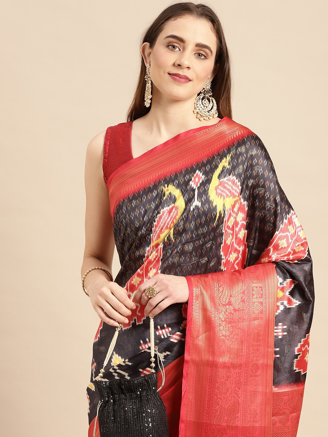 

VASTRANAND Kalamkari Block Print Zari Silk Blend Banarasi Saree, Black
