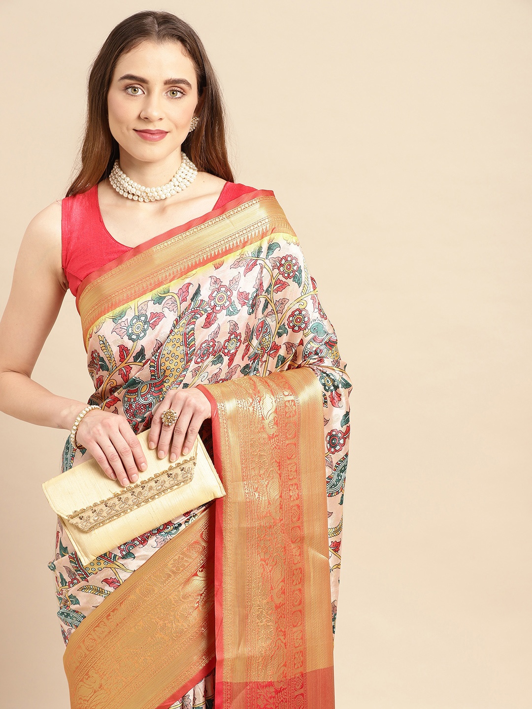 

VASTRANAND Kalamkari Block Print Zari Silk Blend Banarasi Saree, Pink