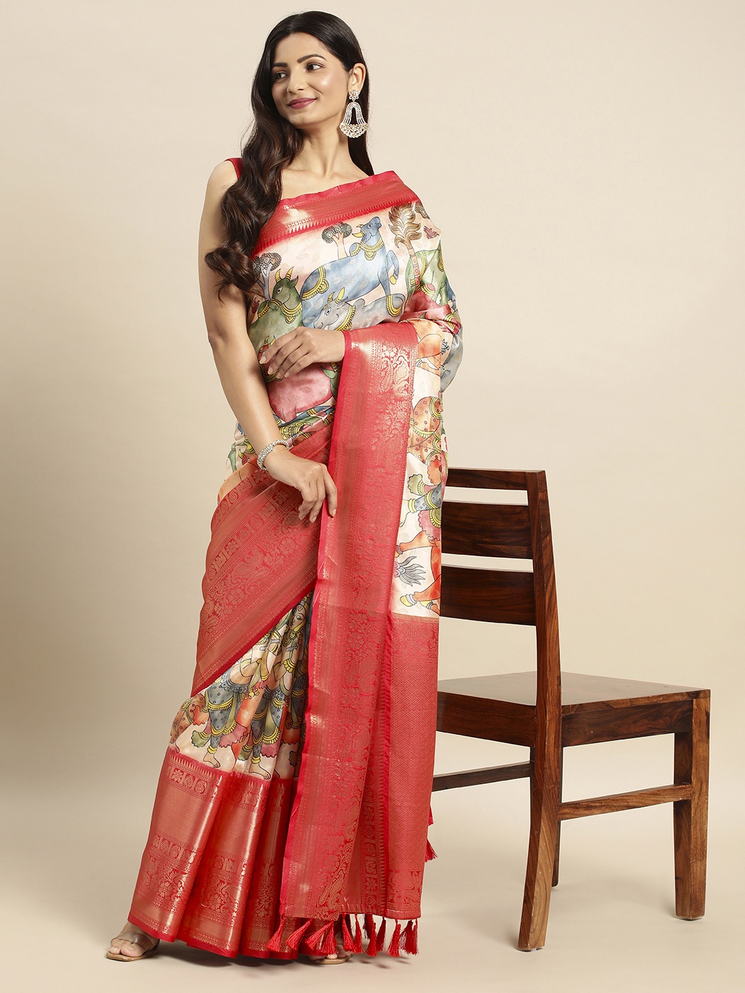 

VASTRANAND Kalamkari Zari Silk Blend Banarasi Saree, Red