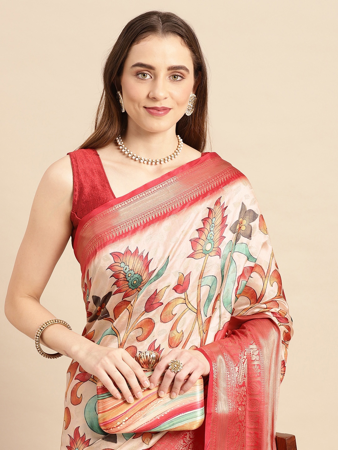 

VASTRANAND Kalamkari Block Print Zari Silk Blend Banarasi Saree, Beige