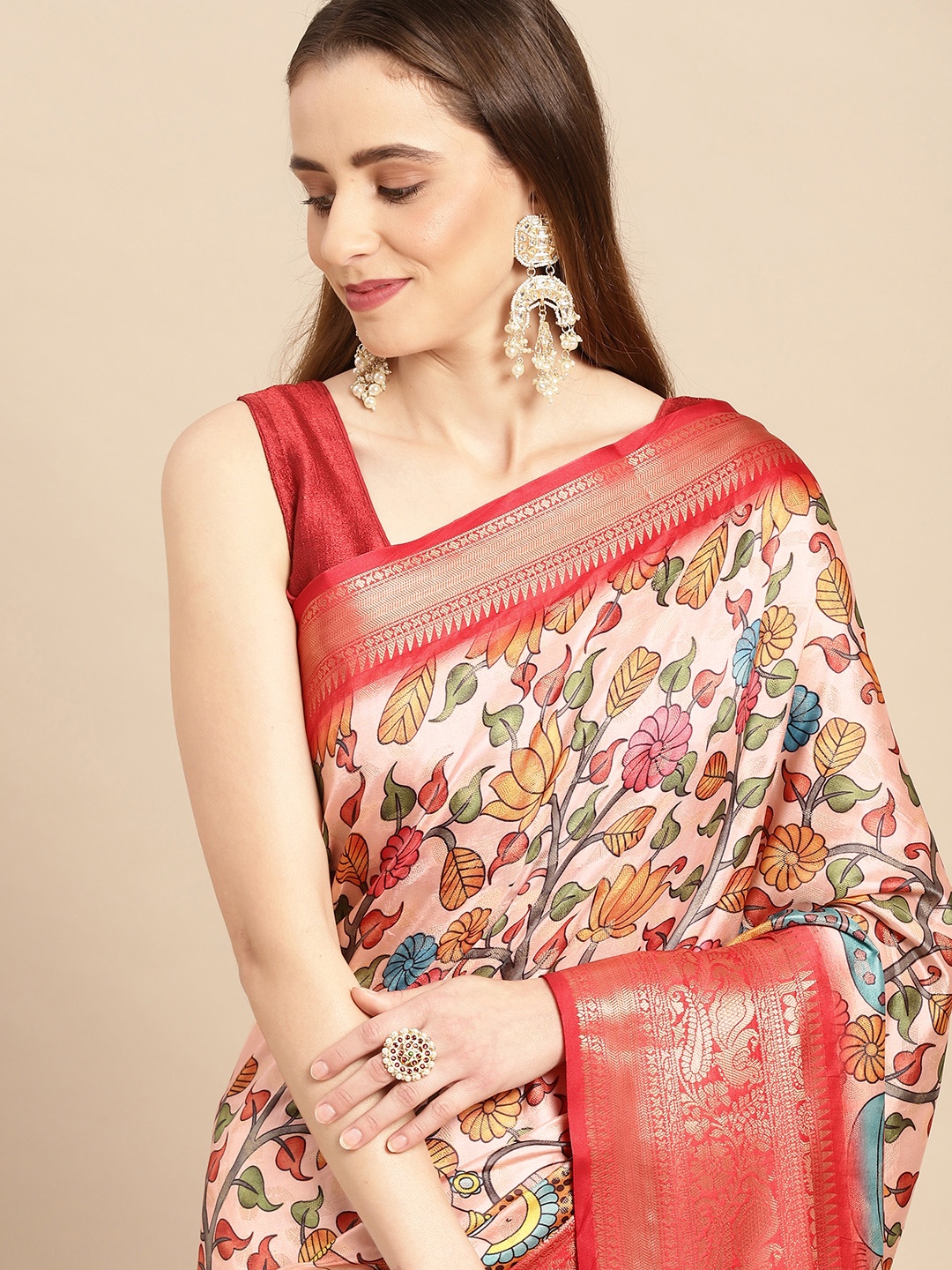 

VASTRANAND Kalamkari Block Print Zari Silk Blend Banarasi Saree, Peach