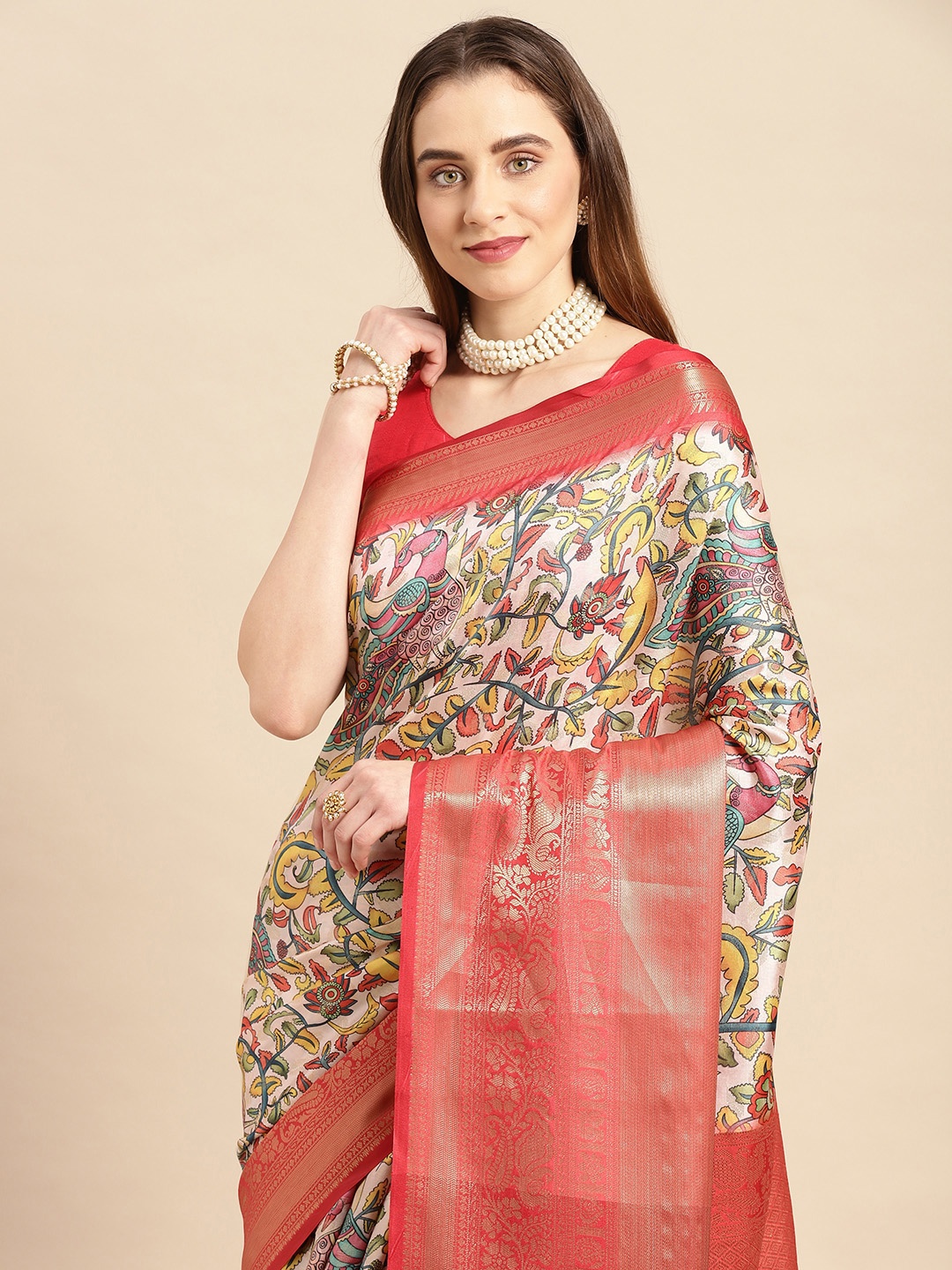 

VASTRANAND Kalamkari Block Print Zari Silk Blend Banarasi Saree, Off white