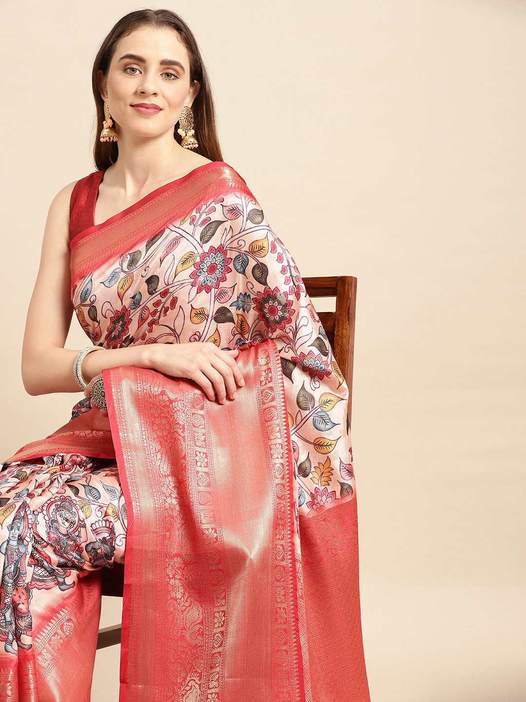 

VASTRANAND Kalamkari Block Print Zari Silk Blend Banarasi Saree, Pink