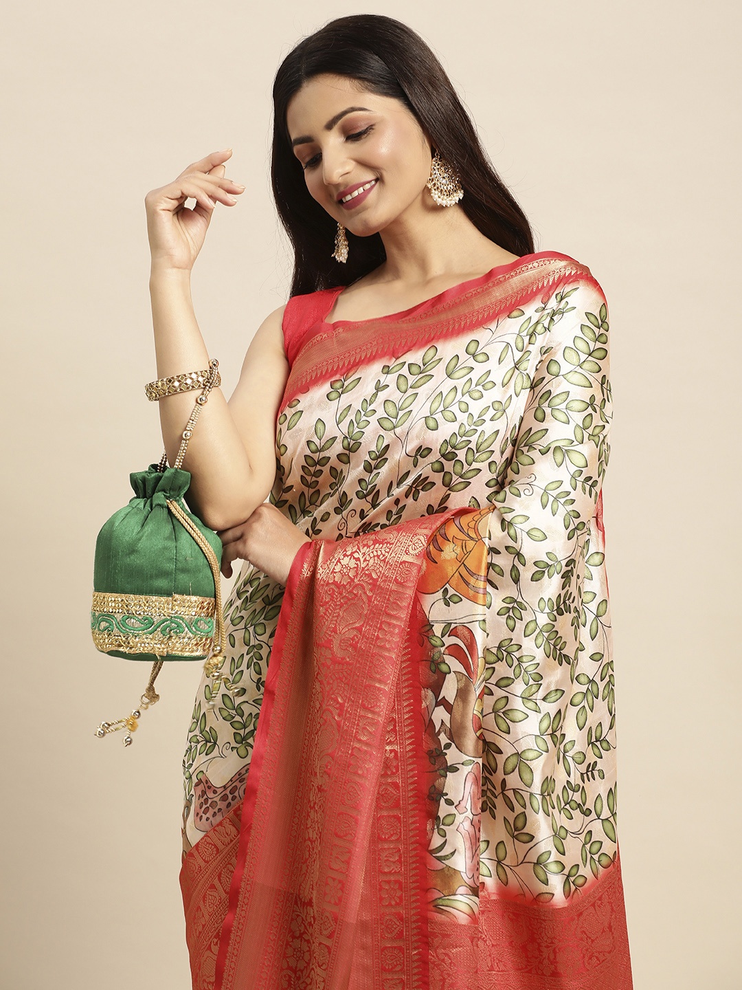 

VASTRANAND Kalamkari Block Print Zari Silk Blend Banarasi Saree, Red