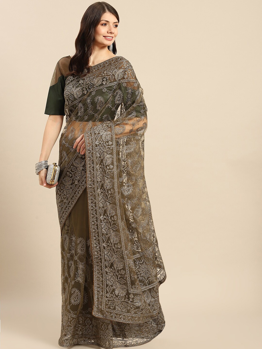 

all about you Women Olive Green Paisley Beads and Stones Net Mangalagiri Saree