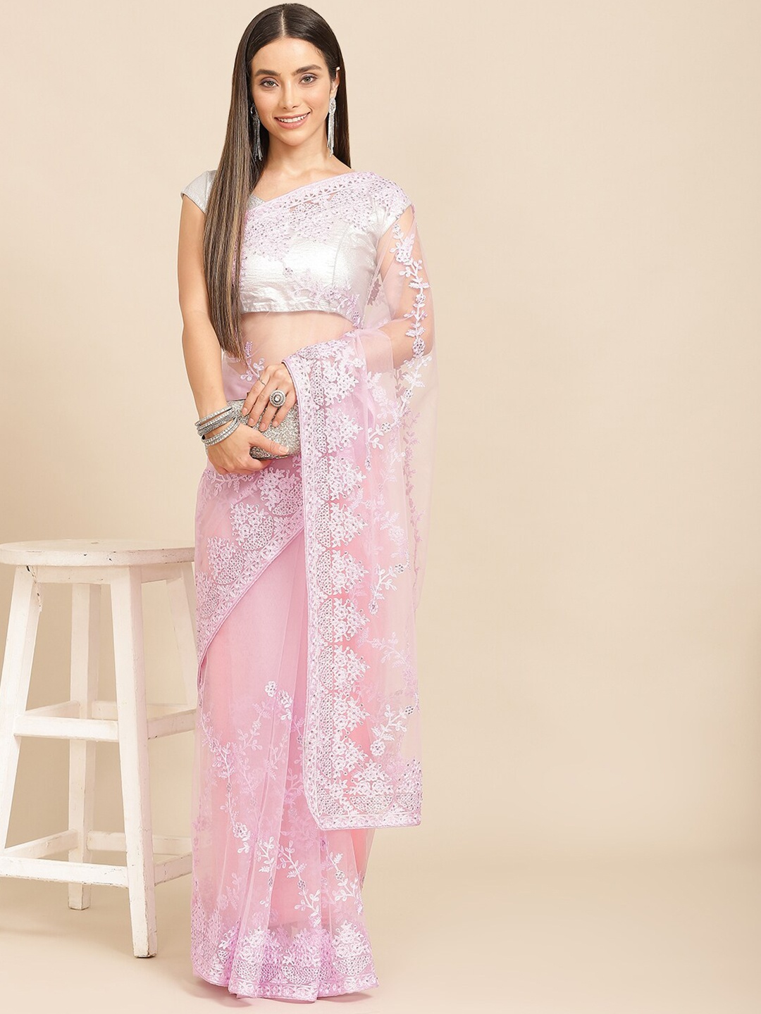 

all about you Purple Floral Beads and Stones Net Mangalagiri Saree
