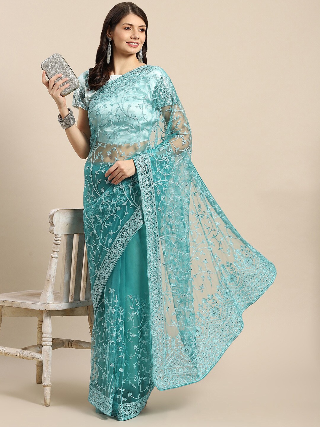 

all about you Blue Floral Beads and Stones Net Mangalagiri Saree