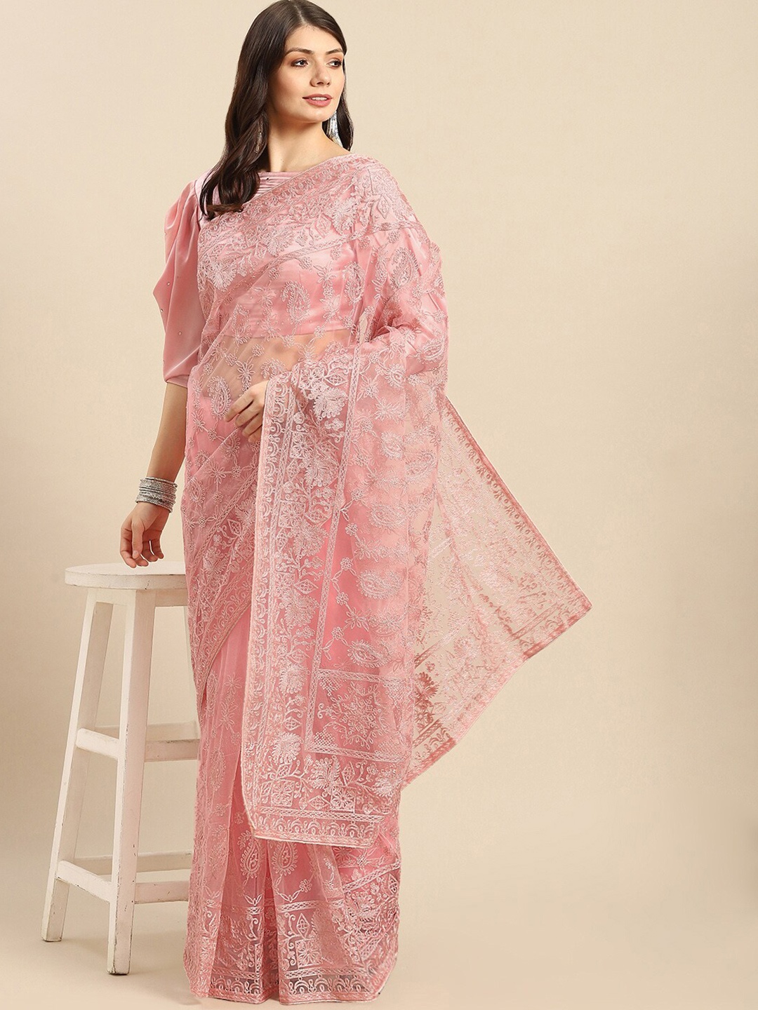 

all about you Peach-Coloured Net Embroidered Saree with Net Blouse