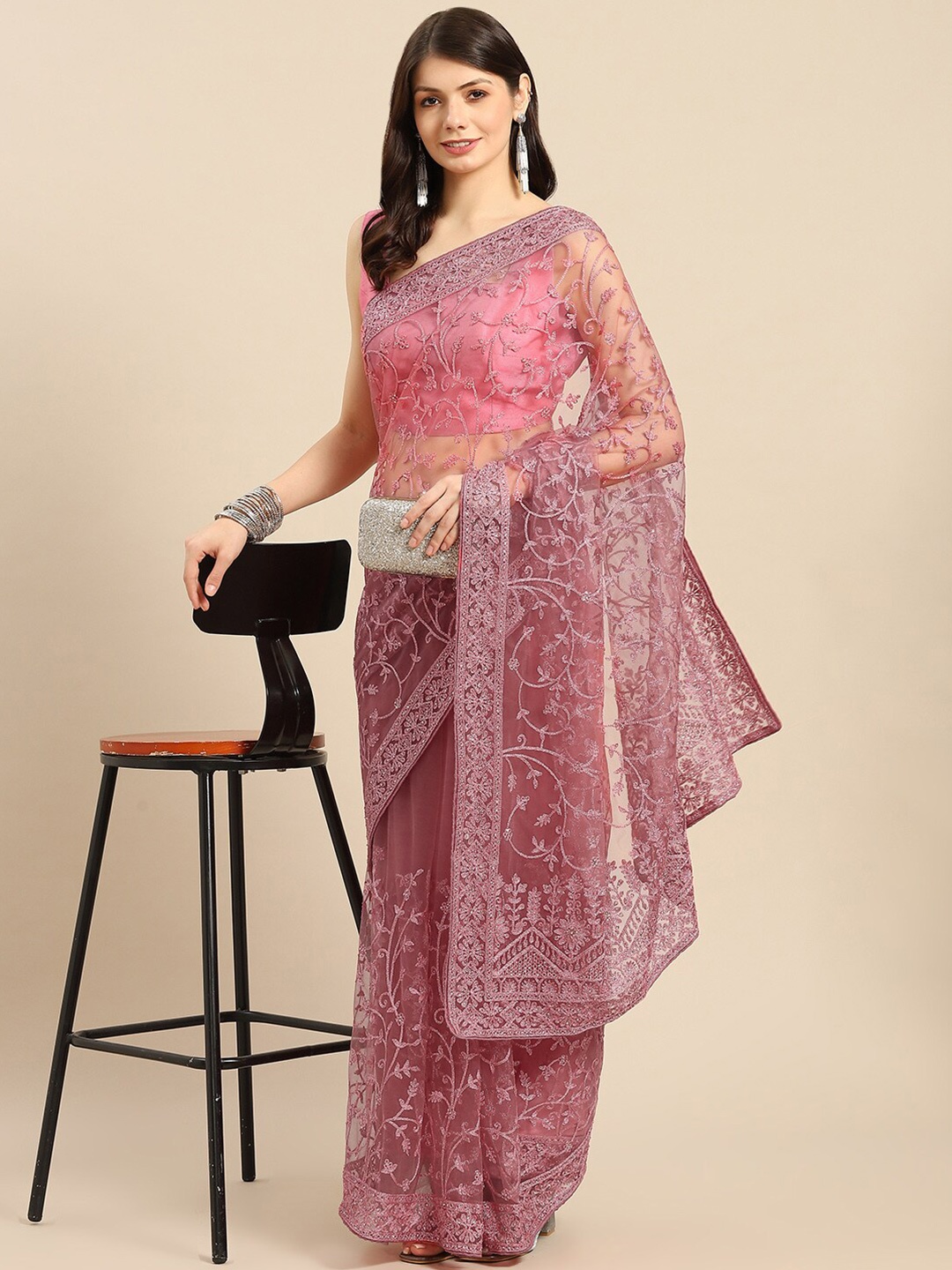 

all about you Pink Floral Beads and Stones Net Mangalagiri Saree