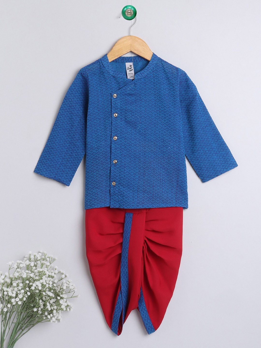 

The Magic Wand Boys Blue Angrakha Pure Cotton Kurti with Dhoti Pants
