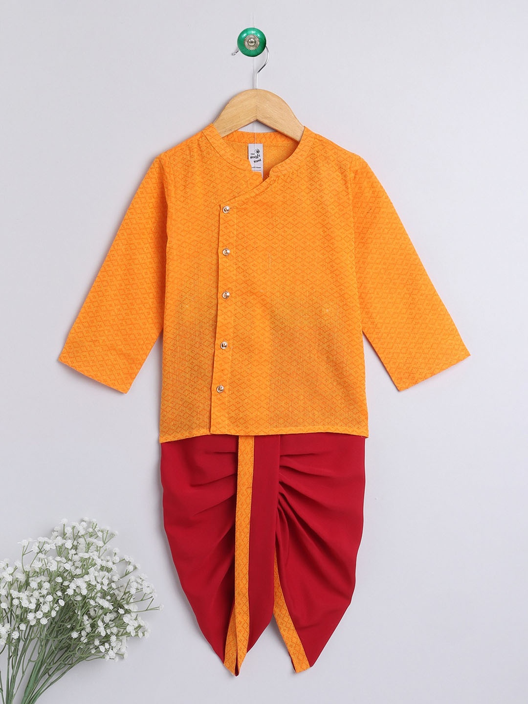 

The Magic Wand Boys Mustard Yellow Angrakha Pure Cotton Kurta with Dhoti Pants
