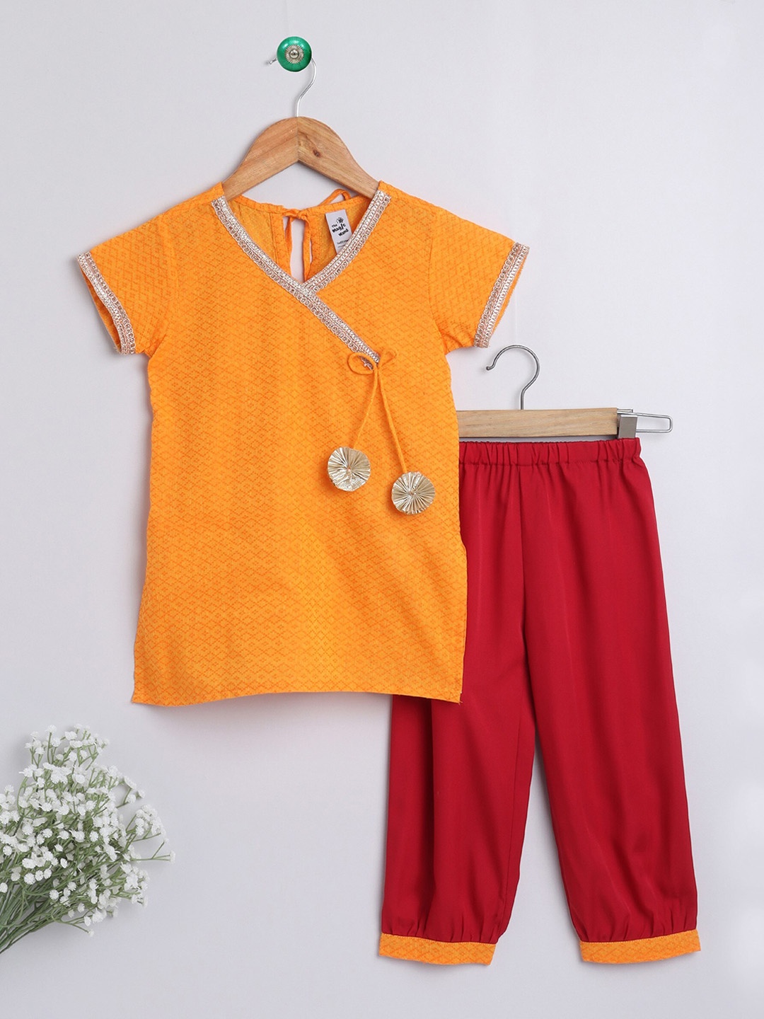 

The Magic Wand Girls Mustard Yellow Angrakha Pure Cotton Kurti with Palazzos