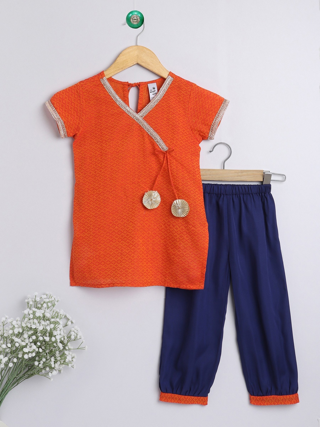 

The Magic Wand Girls Orange Angrakha Pure Cotton Kurta with Trouser