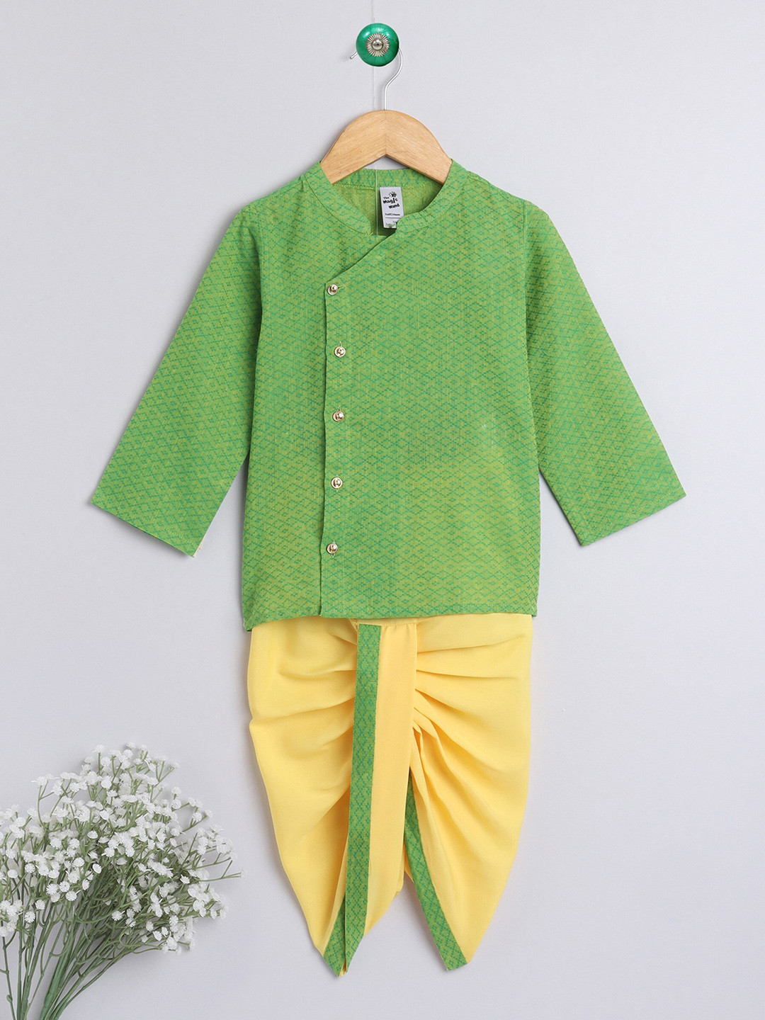 

The Magic Wand Boys Green Printed Angrakha Pure Cotton Kurta with Dhoti Pants