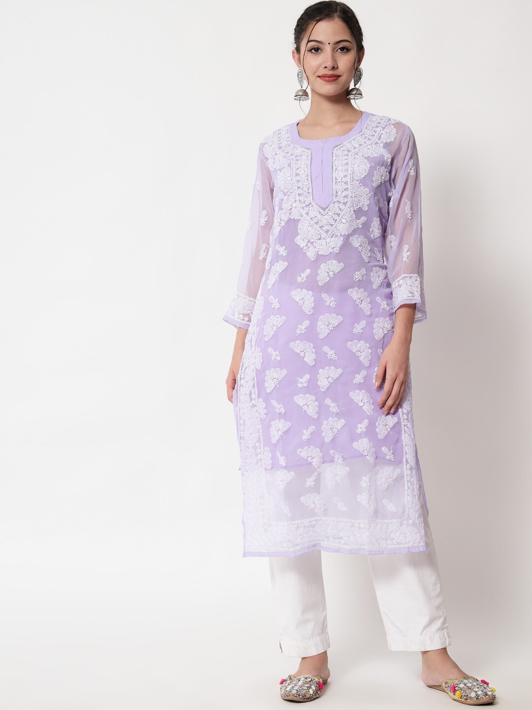 

PARAMOUNT CHIKAN Women Mauve Floral Chikankari Georgette Kurta with Matching Slip