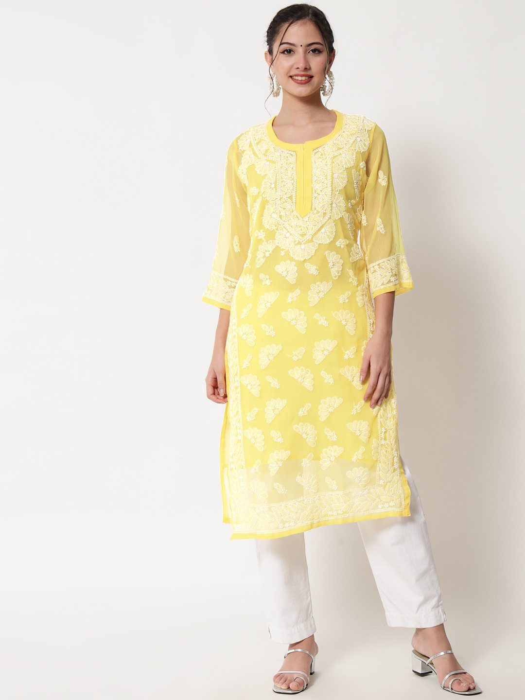 

PARAMOUNT CHIKAN Women Yellow Floral Chikankari Georgette Kurta with Matching Slip